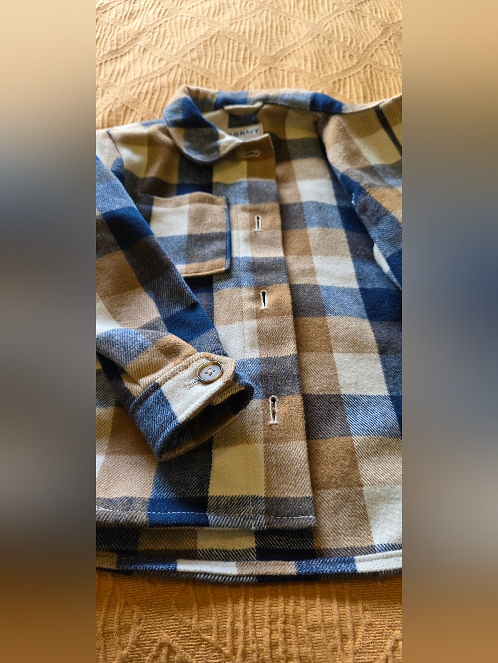 Kids Old Navy Blue and Brown Plaid Flannel Shirt Jacket.